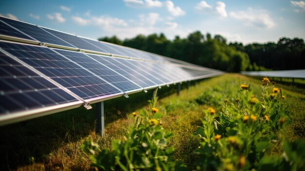 Foto painéis solares azuis em campo no fundo do céu fonte alternativa de eletricidade fazenda solar