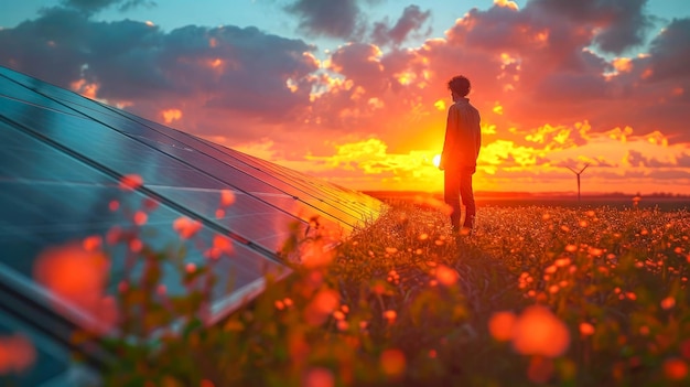 Painéis solares com um belo pôr-do-sol no mar