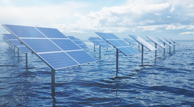 Painéis solares de ilustração 3D no mar ou oceano. Energia alternativa. Conceito de energia renovável. Energia ecológica e limpa. Painéis solares, fotovoltaicos com reflexo lindo céu azul.