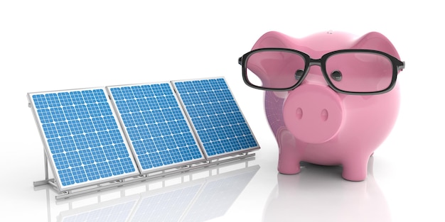 painéis solares de renderização 3D e cofrinho