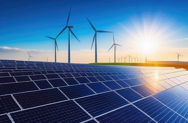 Foto painéis solares e centrais eólicas sobre um céu azul e ensolarado painéis solares sustentáveis verdes