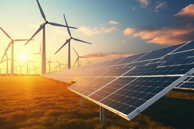Painéis solares e equipamentos de geração de energia eólica