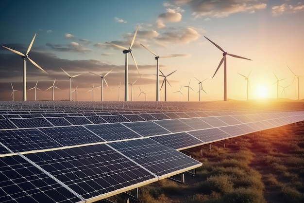 Painéis solares e turbinas eólicas ao pôr do sol conceito de energia renovável e tecnologia de geração de energia verde Ai