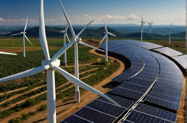 Painéis solares e turbinas eólicas em campo