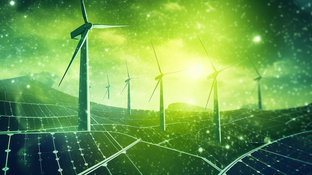 Painéis solares e turbinas eólicas que geram eletricidade em centrais eléctricas energia renovável verde Gerativa Ai
