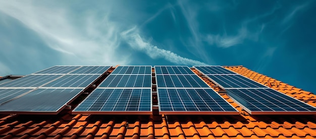 Painéis solares ecológicos em um telhado sob o céu azul claro conceito de energia sustentável escolha ambientalmente consciente para energia uso de recursos renováveis ótimo para a vida moderna IA