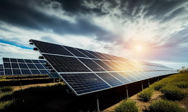 Painéis solares em um campo com céu nublado