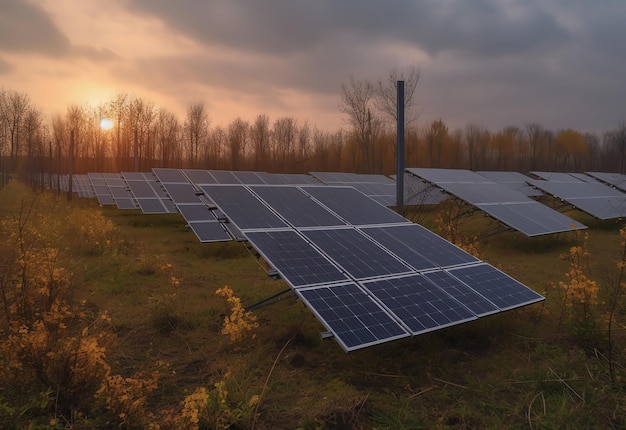 Painéis solares em um campo com o sol se pondo atrás deles