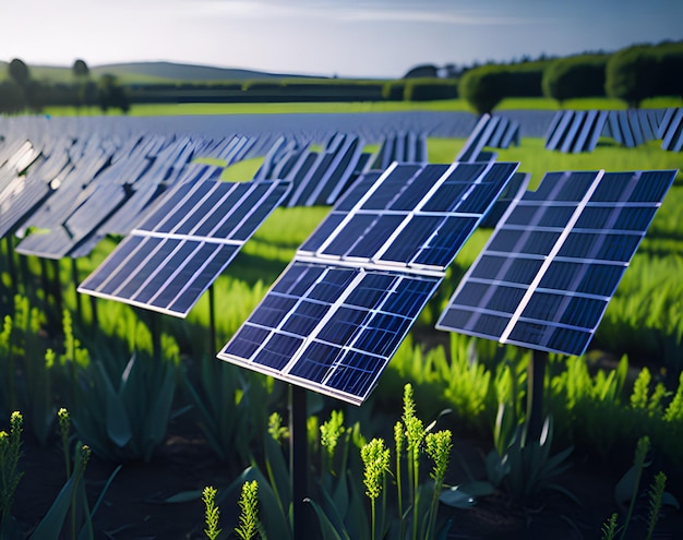 Painéis solares em um campo com um céu azul ao fundo.