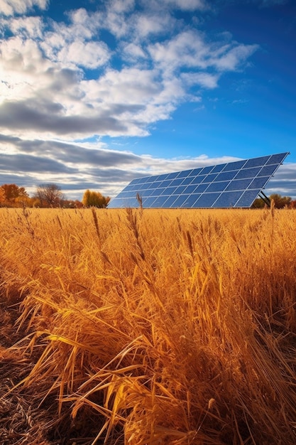 Painéis solares em um campo iluminado pelo sol com céu azul criado com generative ai