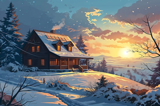 Painéis solares em uma casa na estação de inverno desenho animado estético