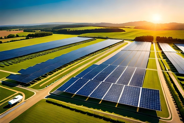 Painéis solares em uma fazenda com o sol se pondo atrás deles.