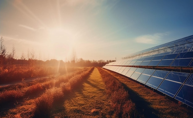 Painéis solares em uma fazenda solar na Europa ao pôr do sol