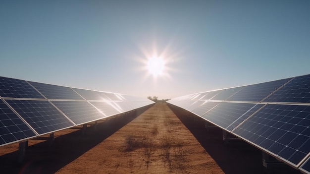 Painéis solares em uma fazenda solar na Europa ao pôr do sol