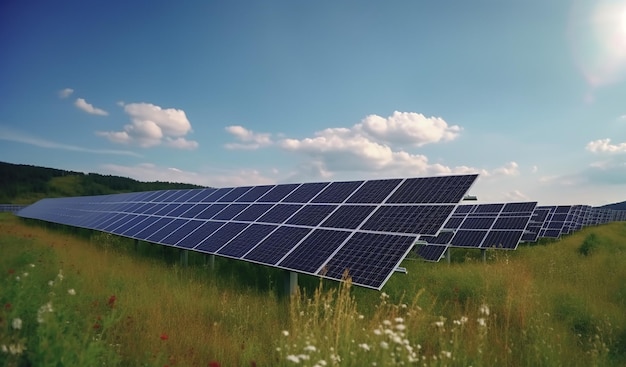 Painéis solares em uma fazenda solar na Europa de grama verde com céu azul e campo de flores