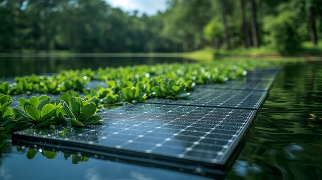 Painéis solares flutuando entre plantas aquáticas verdes vibrantes em um lago tranquilo