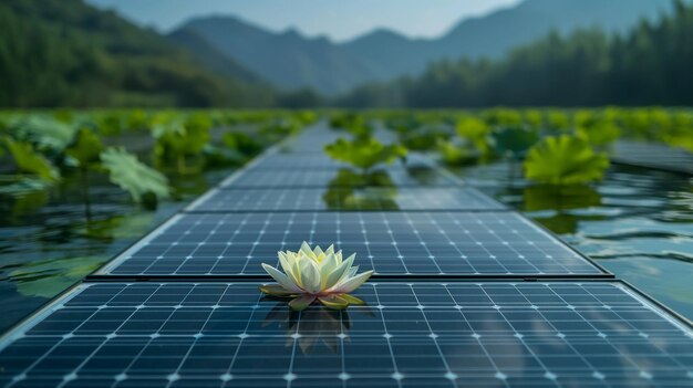 Painéis solares flutuando entre plantas aquáticas verdes vibrantes em um lago tranquilo