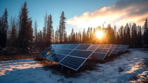 Painéis solares fotovoltaicos contra um pano de fundo matinal O inverno está apenas começando para os painéis solares substitutos da energia tradicional