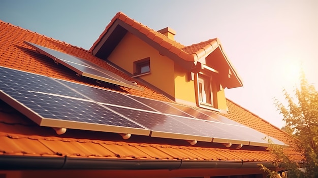 Painéis solares fotovoltaicos em um dia de telhado de casa limpo Generative ai