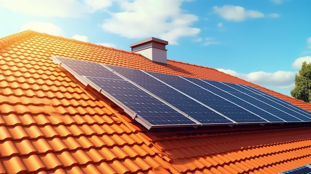 Painéis solares fotovoltaicos em um dia de telhado de casa limpo Generative ai