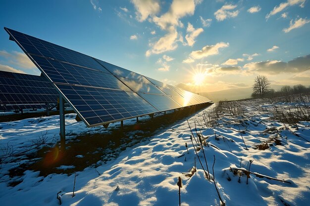 Painéis solares fotovoltaicos no campo ao pôr-do-sol ou ao nascer do sol no inverno
