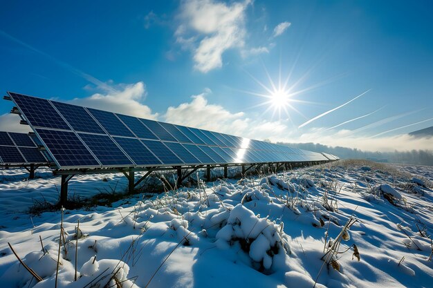 Painéis solares fotovoltaicos no campo em um dia ensolarado de inverno