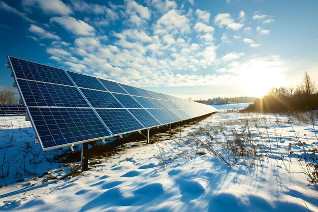 Foto painéis solares fotovoltaicos no campo em um dia ensolarado de inverno