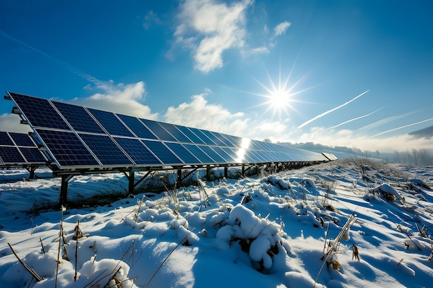 Foto painéis solares fotovoltaicos no campo em um dia ensolarado de inverno