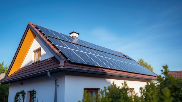 Painéis solares fotovoltaicos no telhado da casa Célula solar contra o céu azul e a luz solar Casa passiva moderna ecológica