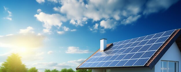 Foto painéis solares fotovoltaicos no telhado e espaço vazio de cópia de céu azul