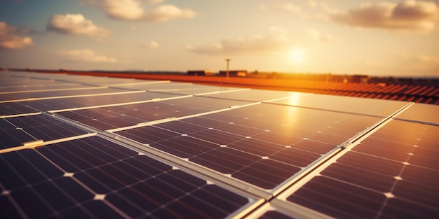 Painéis solares generativos de IA no telhado da construção de eletricidade ecológica limpa ao pôr do sol, conceito de energia renovável
