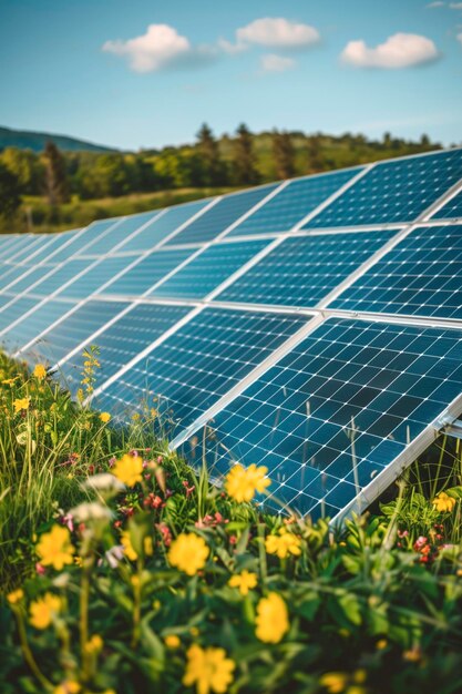 Painéis solares instalados em prados para produzir eletricidade verde Conceitos de energia renovável