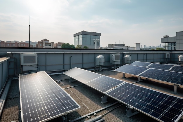 Painéis solares instalados no telhado de um edifício residencial na cidade Generative AI