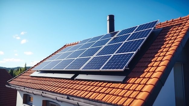 Painéis solares instalados no telhado de um prédio residencial baixo Energia verde