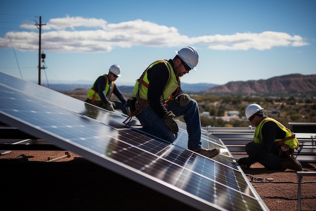 Painéis solares instalados por técnicos que apresentam soluções de energia renovável