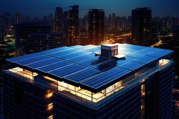 Painéis solares na energia renovável do telhado na luz noturna da cidade