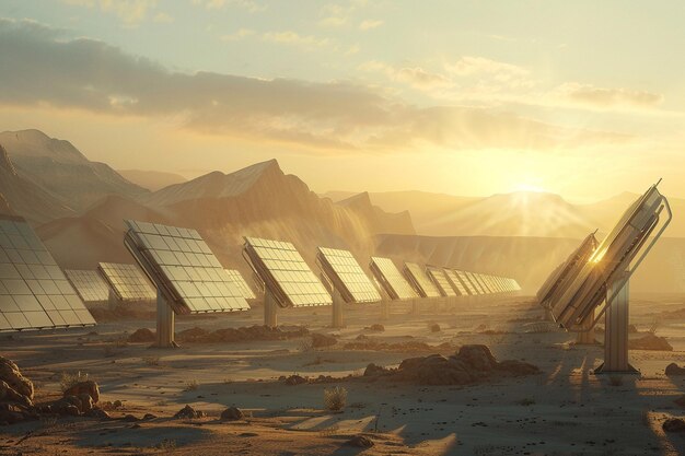 painéis solares no deserto com o sol atrás deles