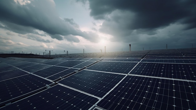 Painéis solares no fundo do céu gerando eletricidade verde