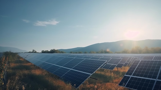 Painéis solares no fundo do céu gerando eletricidade verde