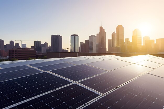 Painéis solares no telhado da cidade com o centro da cidade e o céu azul no fundo rede neural gerada arte