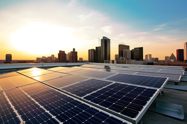 Painéis solares no telhado da cidade com o centro da cidade e o céu azul no fundo rede neural gerada arte