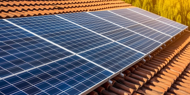 Painéis solares no telhado de telhas vermelhas em Sunset Energia Doméstica Sustentável