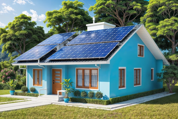 Foto painéis solares no telhado de uma casa em azul