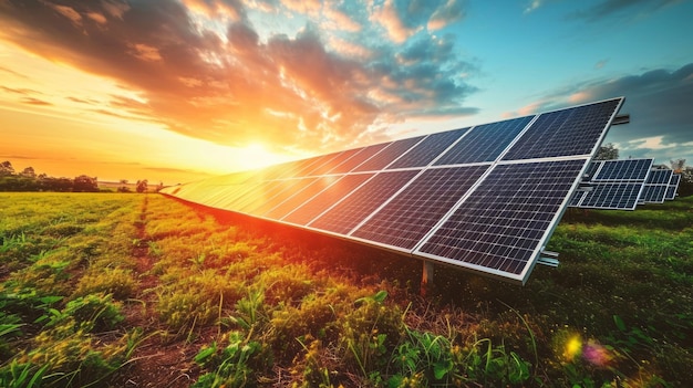 Foto painéis solares num campo de agricultores belo céu com pôr-do-sol ao fundo agricultura inovadora