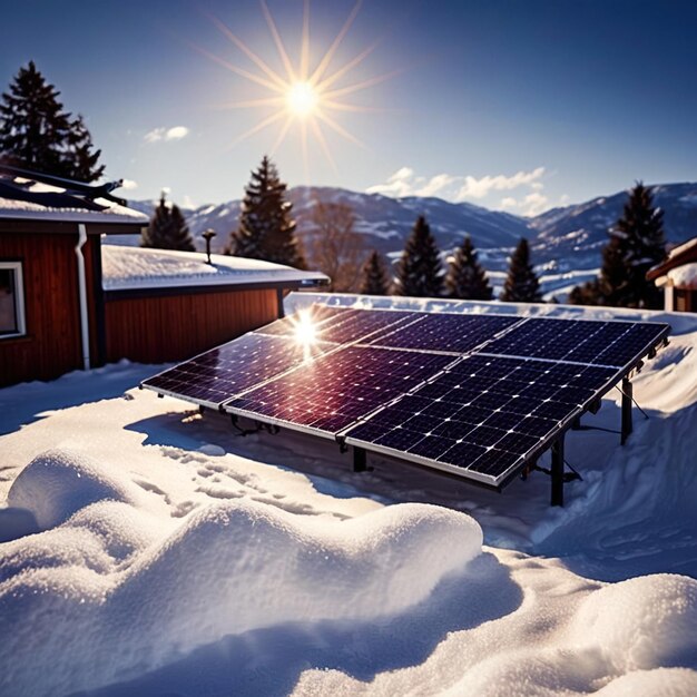 Foto painéis solares planta de energia renovável verde para gerar eletricidade para uso doméstico na neve durante o inverno