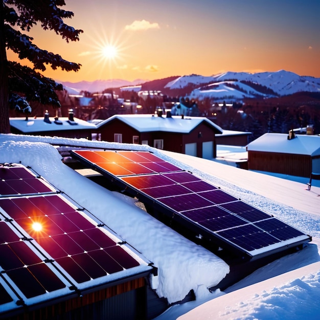 Painéis solares planta de energia renovável verde para gerar eletricidade para uso doméstico na neve durante o inverno