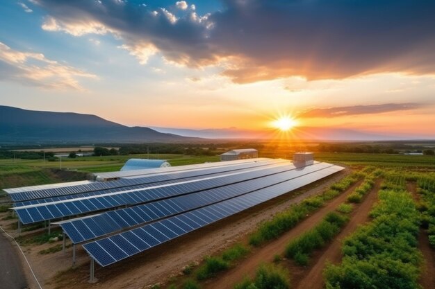 painel de células solares nas colinas verdes contra o céu colorido do pôr do sol IA generativa