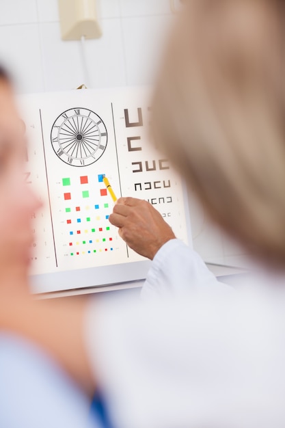 Foto painel de exames de olho sendo apontado por um médico em um hospital