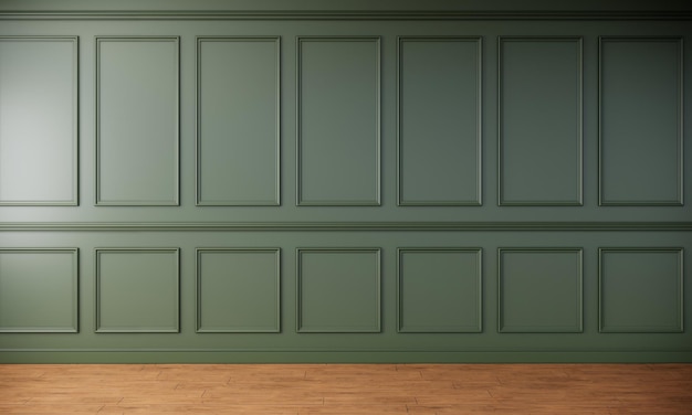 Painel de parede clássico verde e sala vazia de piso de madeira para design de interiores e decoração