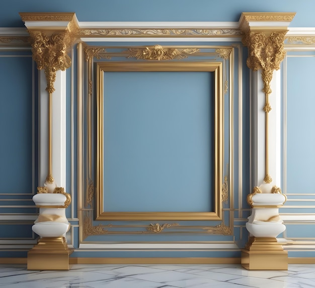 Painel de parede com moldura interior clássica e marmoreio de coluna Azul dourado